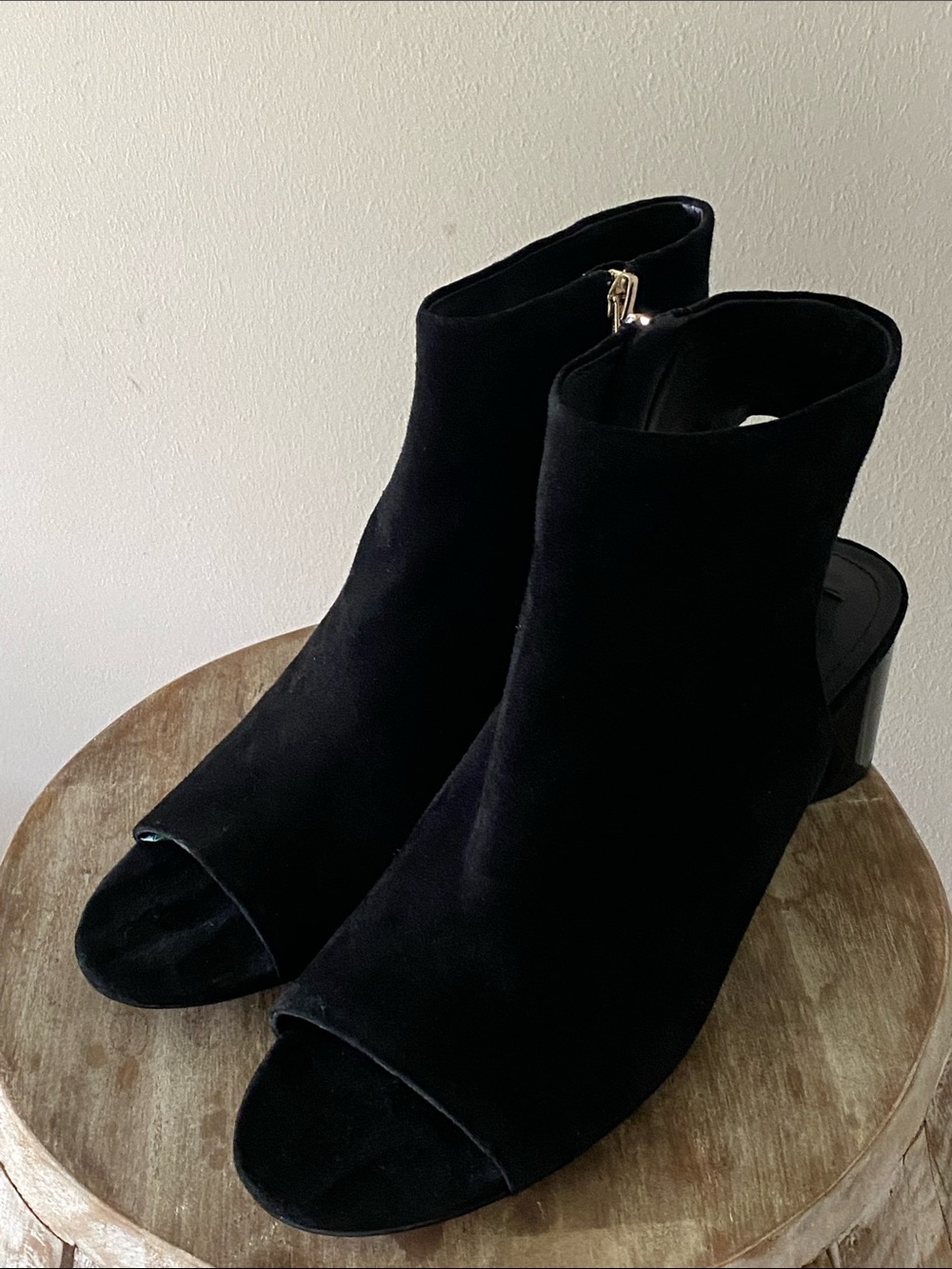 Donna Karan Black Suede Open-Toe Block Heel Booties - Women 9.5